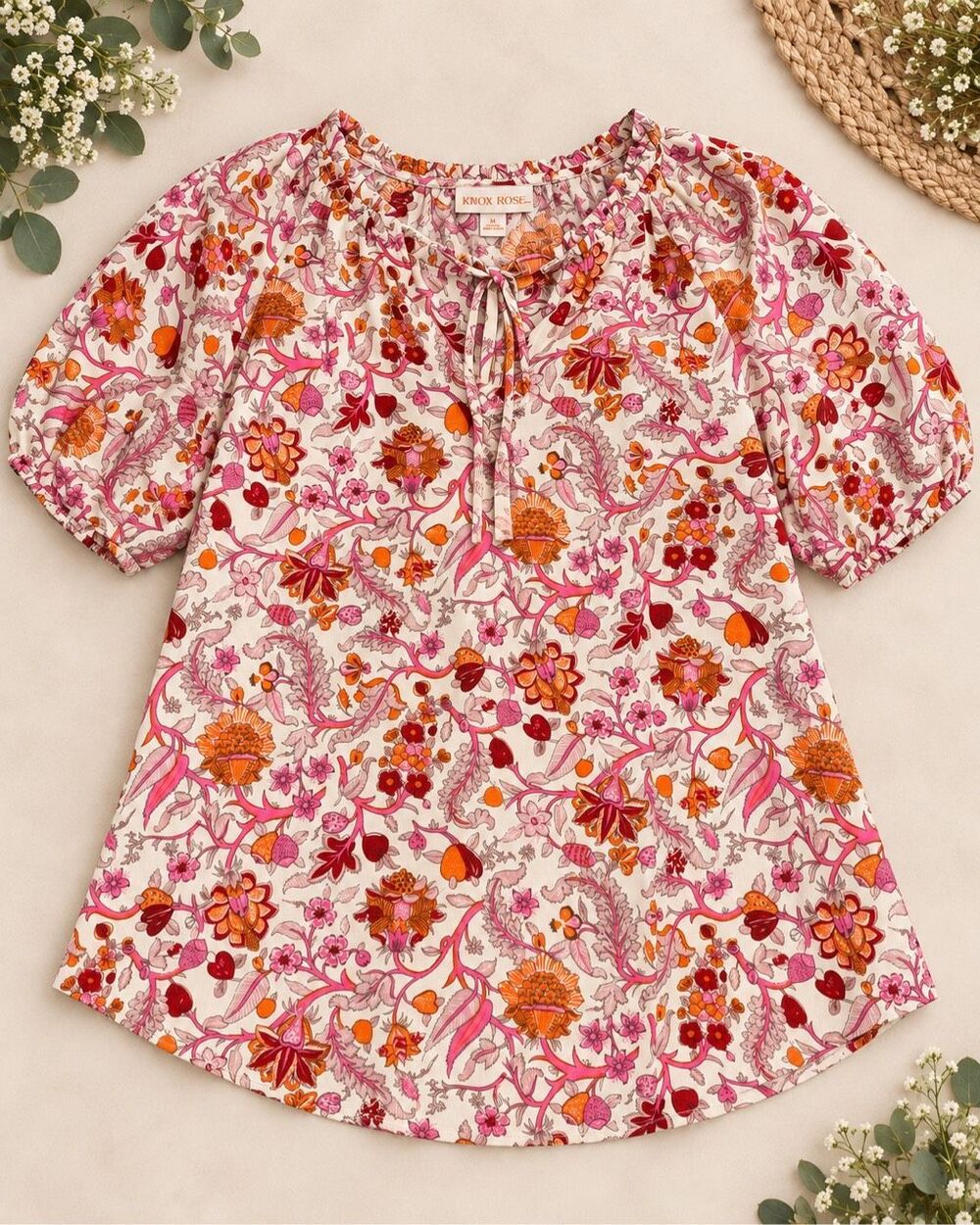 Knox Rose Women’s Medium Floral Puff Sleeve Peasant Blouse Boho Pink Orange